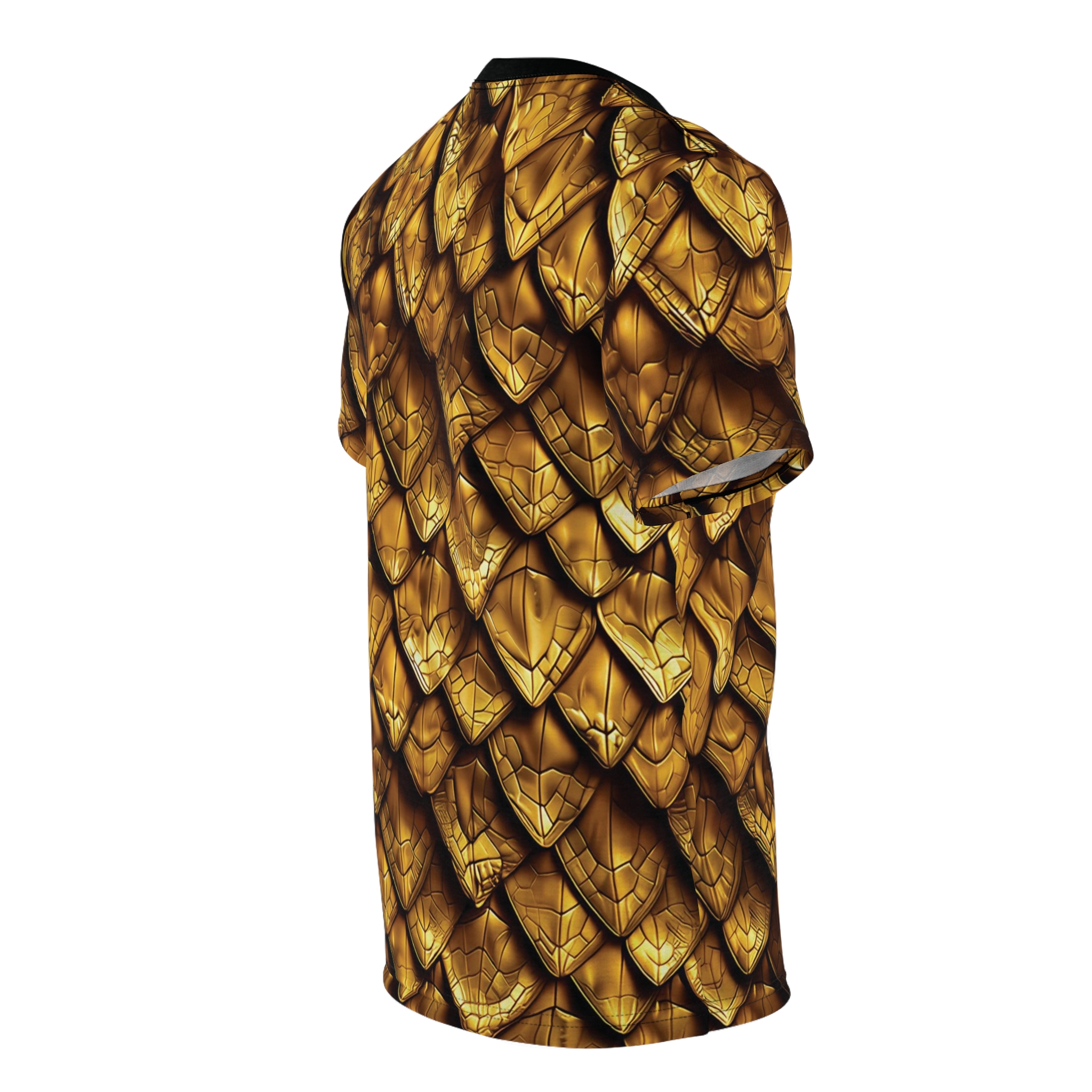 Shimmering gold dragon scales with intricate textures and subtle brown shading cover this full print shirt with a fantasy armor vibe.