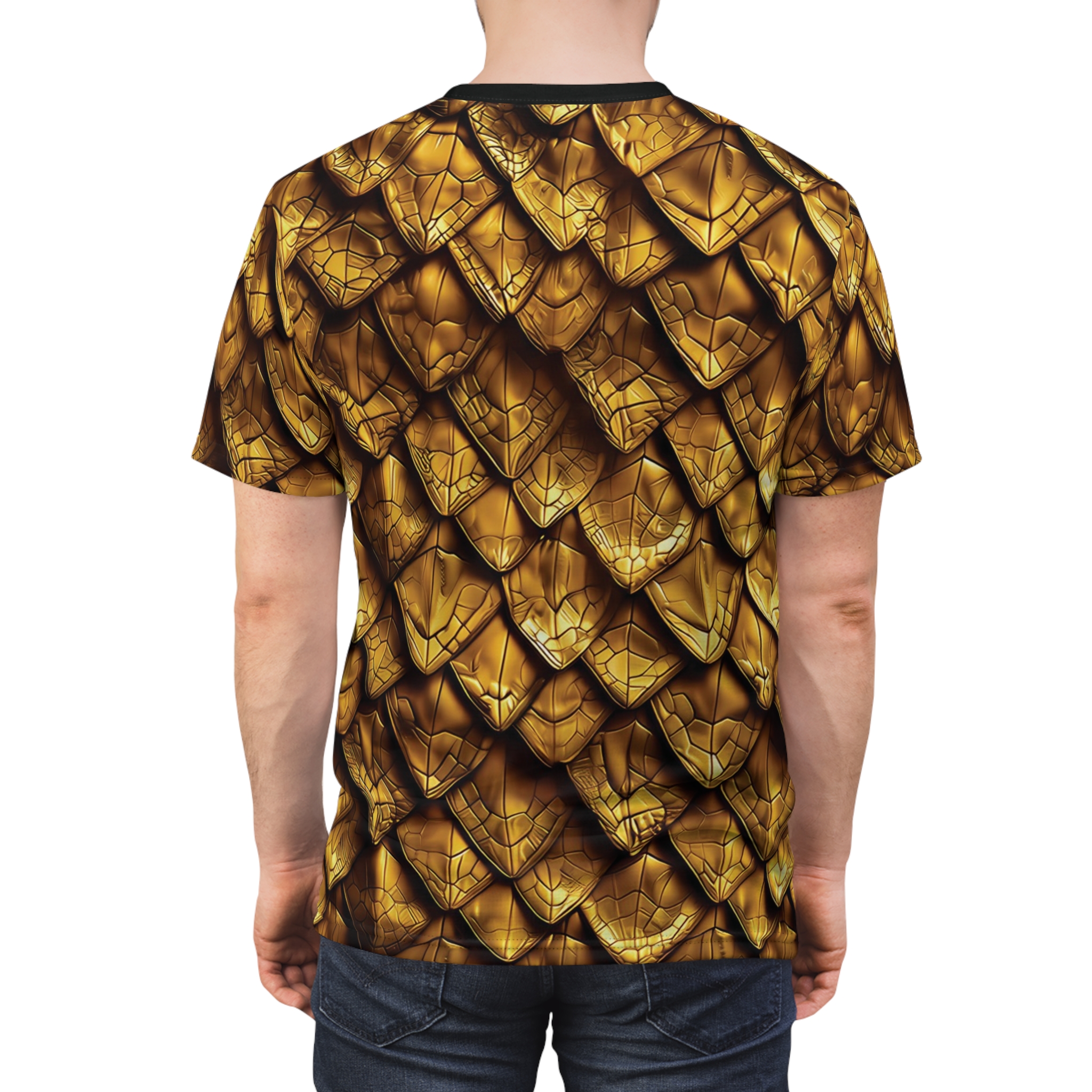 Gleaming gold scales with intricate dark lines cover this patterned tee shirt for a fierce fantasy look.