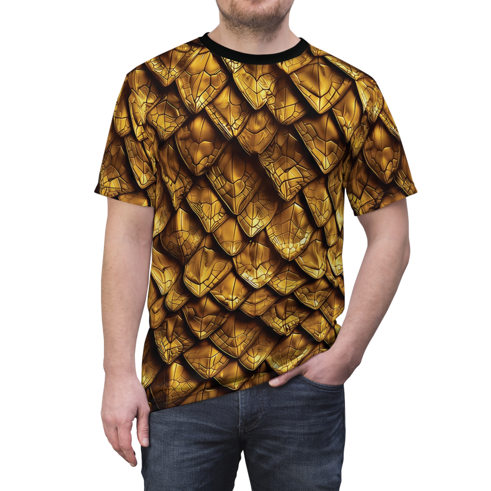 Golden scales with intricate ridges and shadows cover this 3D graphic t-shirt, giving a powerful armored look.
