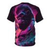 Neon pink and electric blue streaks across a dark graphic t-shirt depicting a powerful gorilla head with a cityscape below.