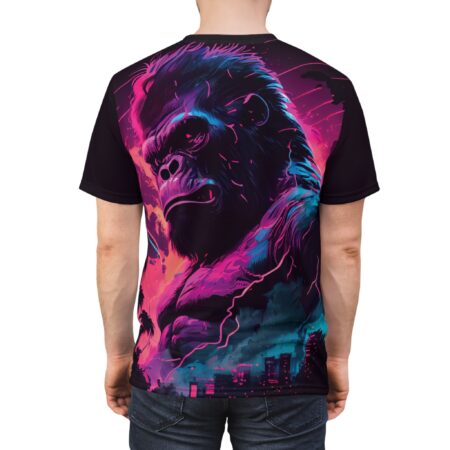 Vivid pink, blue, and purple abstract lines and lightning bolts surround a dark, powerful gorilla graphic with a neon city skyline.