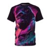 A black t-shirt with a vibrant neon graphic of a gorilla's head and shoulders against a cityscape at night.