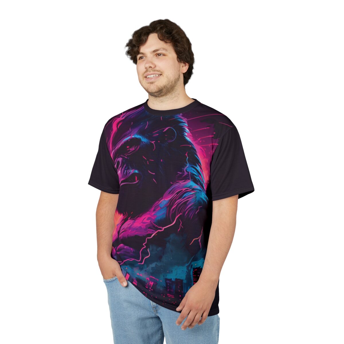 Neon pink and electric blue lightning streaks, abstract shapes, and a cityscape cover this patterned tee shirt, depicting a powerful gorilla in a street art style.