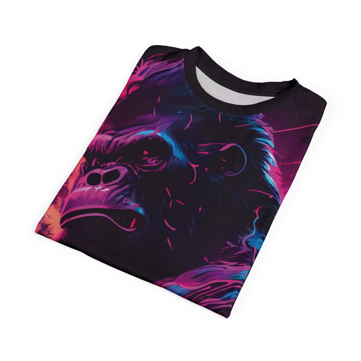 A t-shirt featuring a stylized illustration of a gorilla's face with vibrant neon colors, including pink, blue, and purple, against a dark background with abstract streaks and speckles.