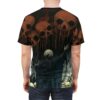 Goth skeleton grim reaper all over print sublimation tee with melting skulls and eerie figure.
