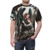 Dark muted blues and sepia tones cover this 3D graphic t-shirt, depicting a winged guardian embracing a somber woman.