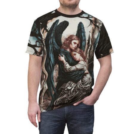 Dark muted blues and sepia tones cover this 3D graphic t-shirt, depicting a winged guardian embracing a somber woman.