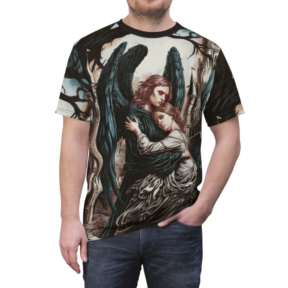 Dark muted blues and sepia tones cover this 3D graphic t-shirt, depicting a winged guardian embracing a somber woman.