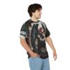 Dark blues, browns, and whites cover this seamless pattern tee, depicting a gothic angel embracing a woman with a castle in the background.