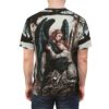 Dark blue wings, flowing robes, and gothic castle spires cover this patterned tee shirt, depicting an angel embracing a woman.