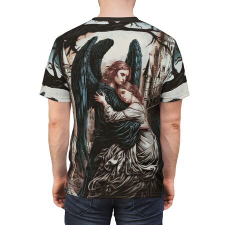 Dark blue wings, flowing robes, and gothic castle spires cover this patterned tee shirt, depicting an angel embracing a woman.