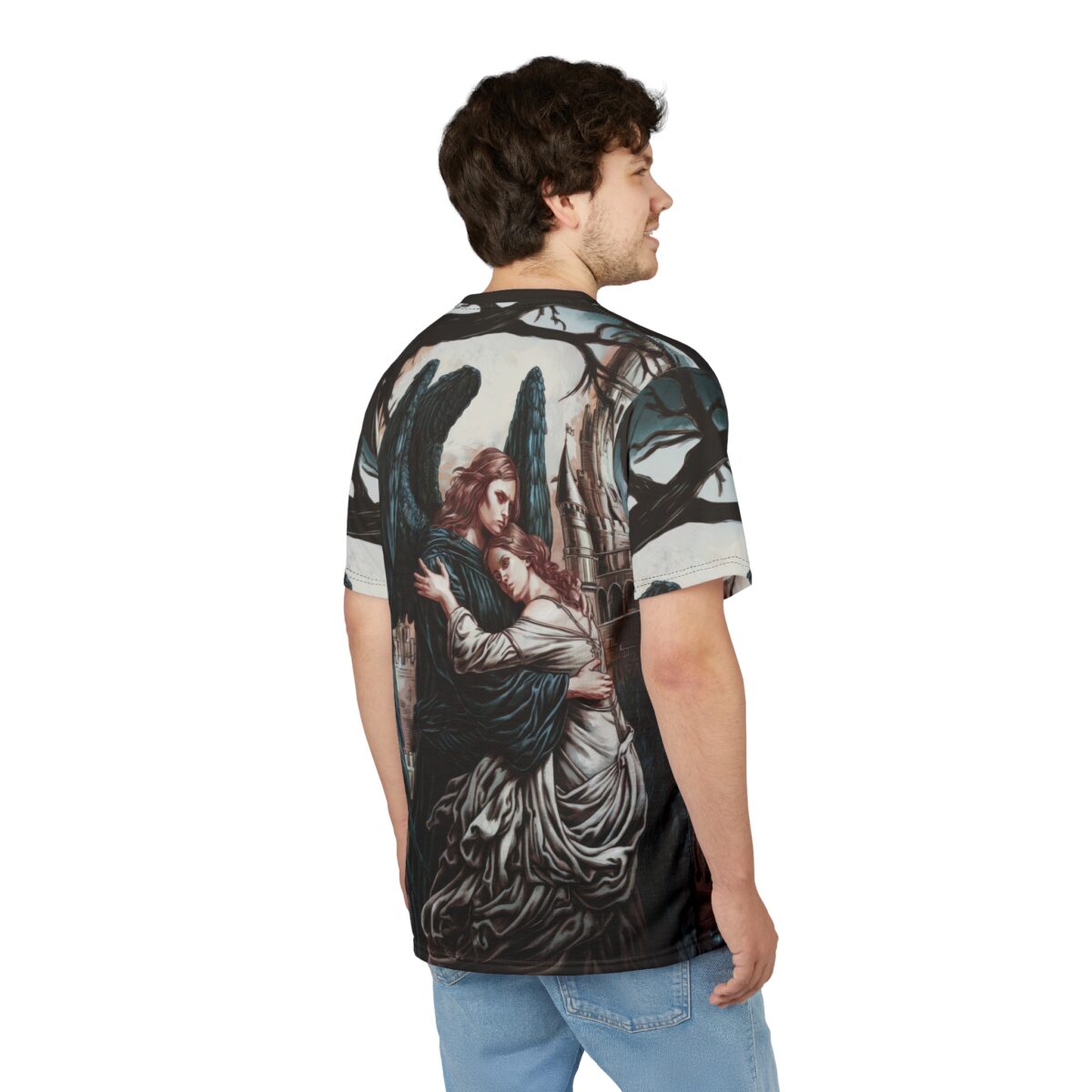 Dark muted tones and intricate linework cover this 3D graphic t-shirt, depicting a winged figure embracing a woman.
