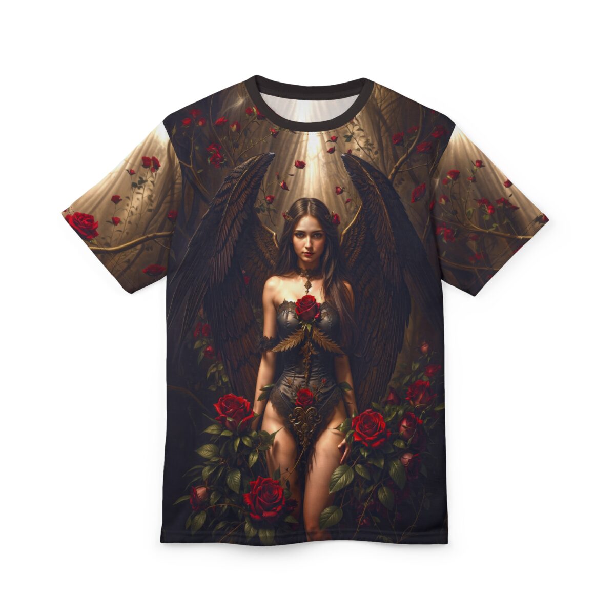 Gothic angel surrounded by roses, wearing a black corset, with large dark wings, an all over print sublimation tee with a dark fantasy aesthetic.