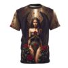 Gothic angel with black wings and red roses all over print sublimation tee, featuring a dark forest background.