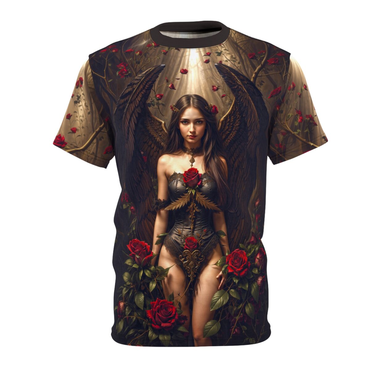 Gothic angel with black wings and red roses all over print sublimation tee, featuring a dark forest background.