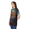 A young woman wearing a t-shirt with a gothic-themed design featuring a large, dripping double cheeseburger held by a skeletal hand in a dark, spooky forest.