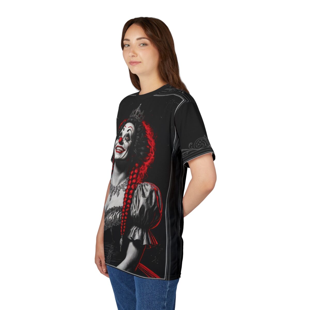 Woman wearing a black t-shirt with a detailed gothic female clown graphic on a white background.