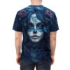 This unique graphic apparel features a mesmerizing sugar skull with vibrant blue floral accents and a 360 wrap-around design for seamless, edge-to-edge custom fashion.