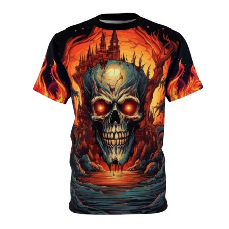 Fiery oranges, deep blues, and black tones cover this 3D graphic t-shirt, depicting a gothic castle and a menacing skull with glowing red eyes.