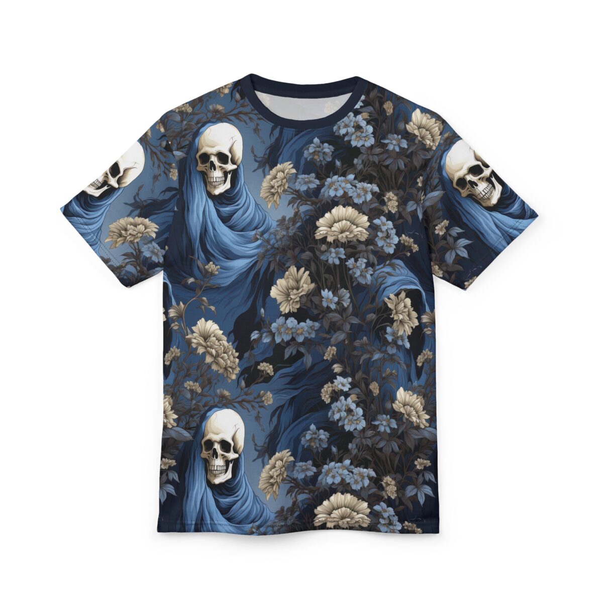 Deep blues and muted creams with dark foliage cover this sublimation graphic tee, depicting skulls cloaked in blue fabric amidst a dense floral arrangement.