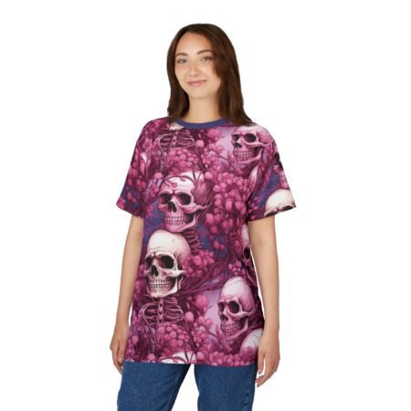 Vibrant Gothic Floral Skull Tee - Unisex All Over Print T-Shirt for Halloween and Everyday Wear – eye-catching full print casual top