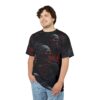 Dark and vibrant red tones cover this 3D graphic t-shirt, depicting a menacing scene of skulls and thorny vines.