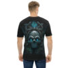 Gothic skull sublimation tee with glowing blue eyes and cyber grunge aesthetic, featuring a dark forest and stone archway graphic.