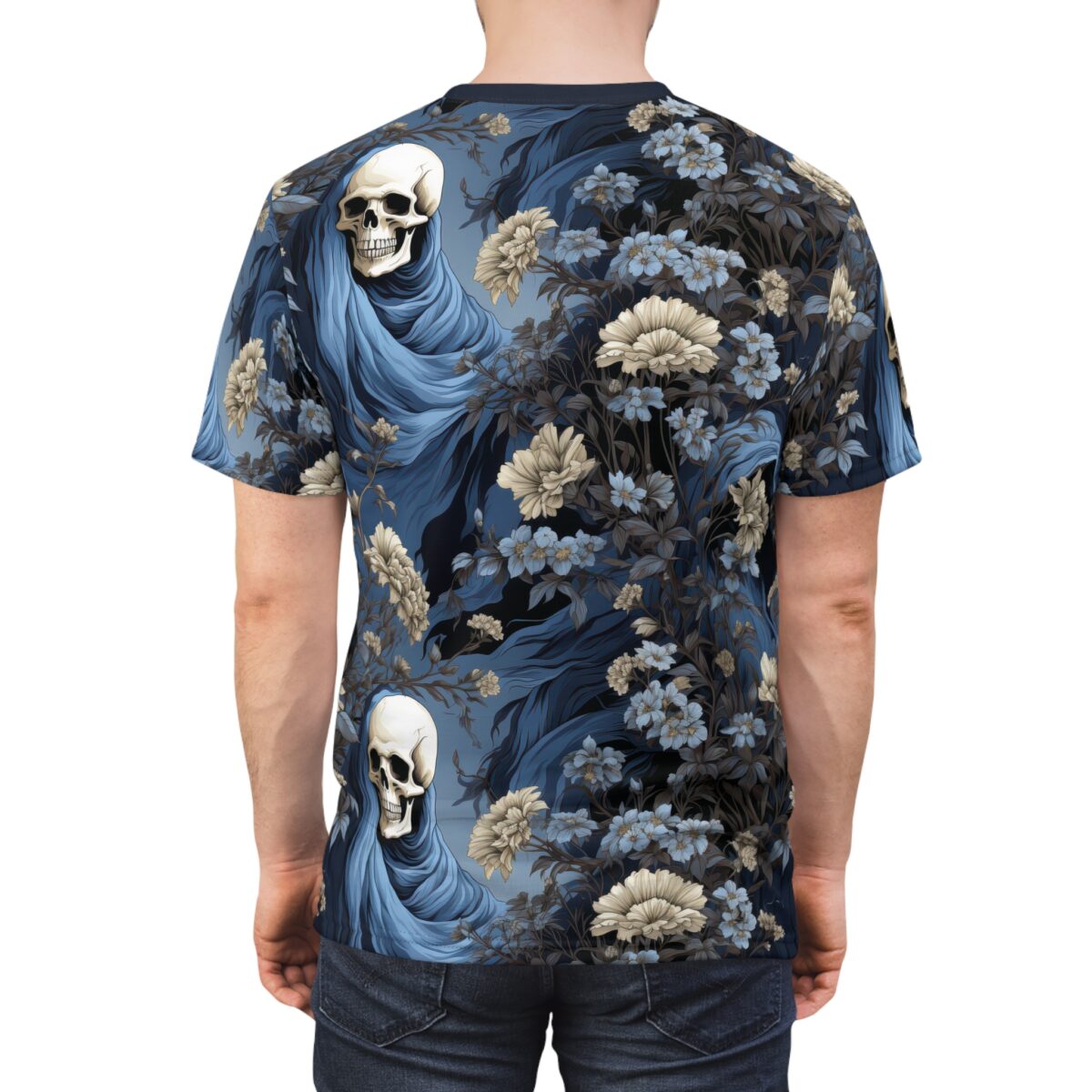Blue drapery and cream, blue flowers, and dark foliage cover this full print shirt, featuring skulls in blue robes.