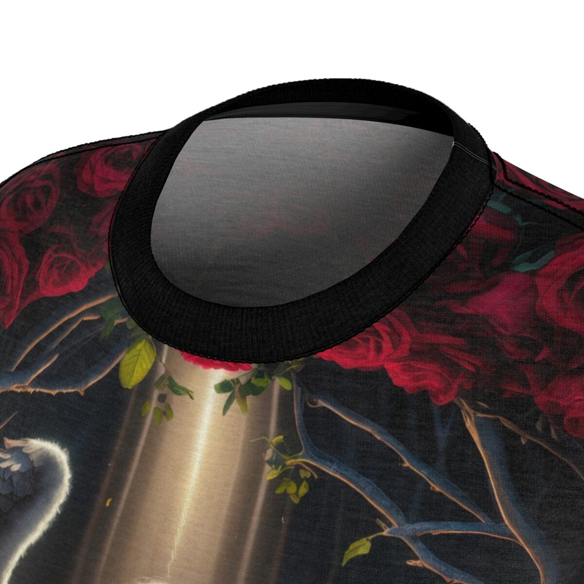 Black crewneck tee, all over print sublimation tee, dark gothic aesthetic, detailed red roses, tree branches, ethereal light.