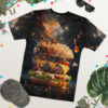 Orange sauce splashes, smoke, and small droplets cover this all over print apparel, depicting a large, juicy burger with melted cheese.