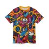 Graffiti skateboarder all over print sublimation tee featuring a vibrant, abstract pattern with cartoon elements. Bold colors and energetic design.