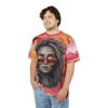 This crewneck t-shirt displays a striking portrait of a person wearing large, round sunglasses against a vibrant, abstract background.