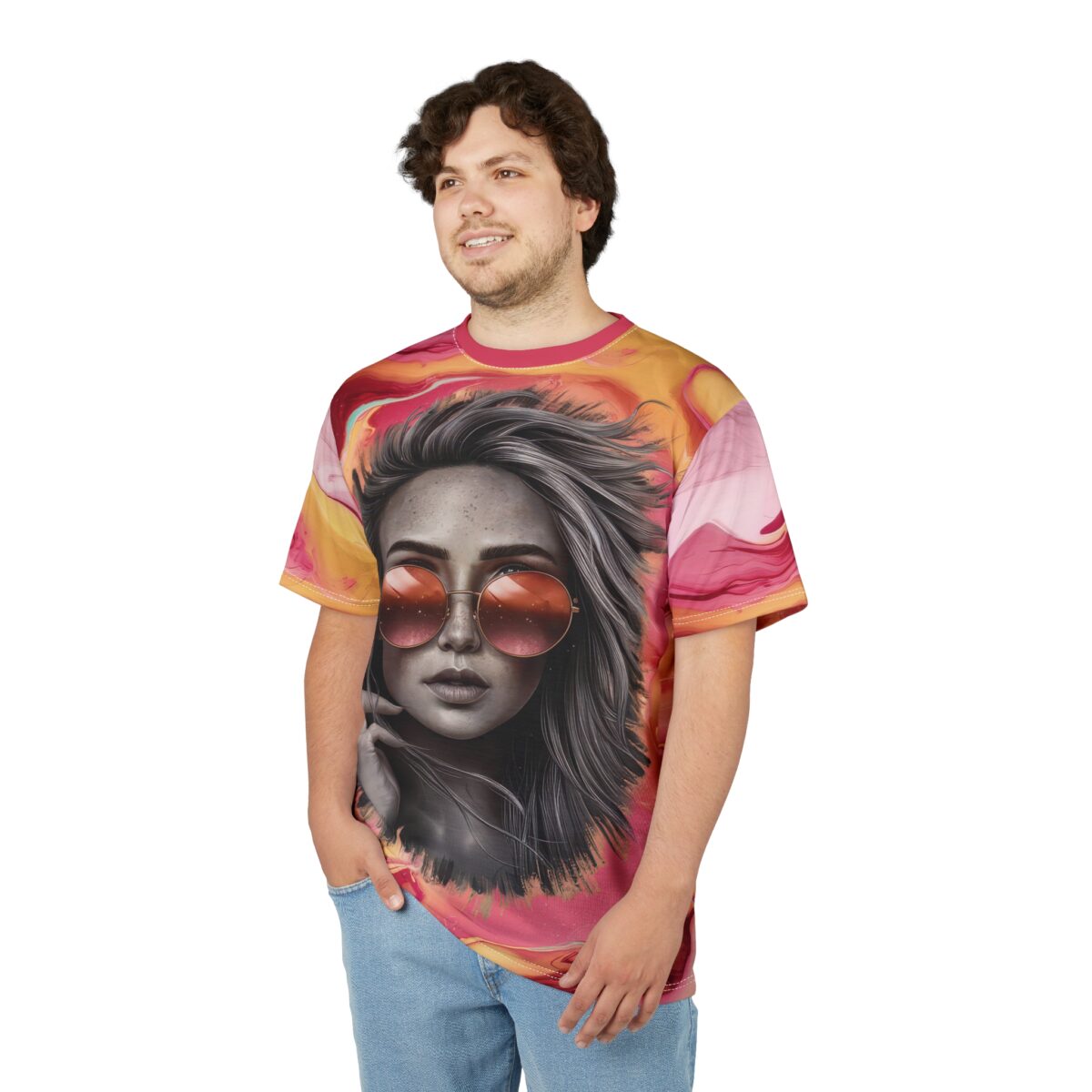 This crewneck t-shirt displays a striking portrait of a person wearing large, round sunglasses against a vibrant, abstract background.