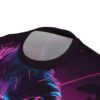 Detailed close-up of a black t-shirt crew neck collar with vibrant neon graphic print.
