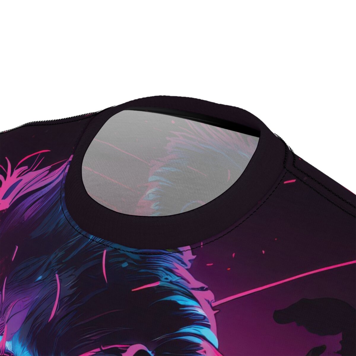 Detailed close-up of a black t-shirt crew neck collar with vibrant neon graphic print.