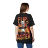 Red and orange distressed text, a skeleton chef in a toque, and flaming burgers on a grill cover this seamless pattern tee.