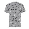 Black and white paw prints and fish skeletons cover this grey t-shirt, with scattered white dots.