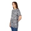 Black and white paw prints and fish bones cover this oversized full print tee, scattered across a grey background.