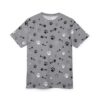 Black and white paw prints and fish skeletons cover this grey all over print t-shirt, with small white dots interspersed.