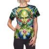 Green alien sublimation tee with striking blue eyes and a futuristic costume, featuring a vibrant, wrap-around abstract background graphic.