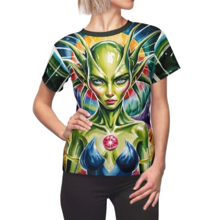 Green alien sublimation tee with striking blue eyes and a futuristic costume, featuring a vibrant, wrap-around abstract background graphic.