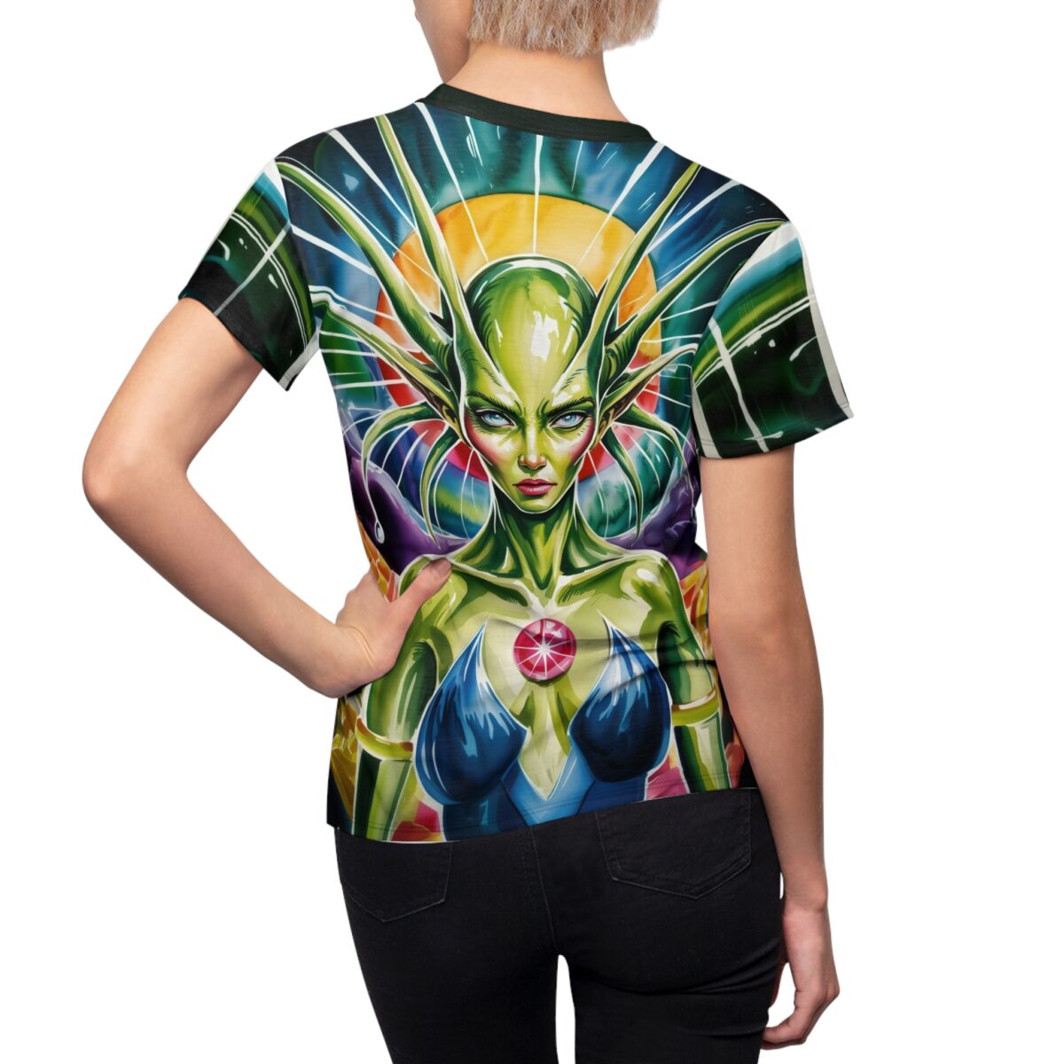 Green alien character with intense eyes and horns, front all over print sublimation tee featuring a vibrant, abstract background.