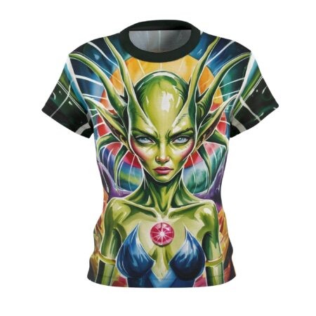 Green alien portrait all over print sublimation tee featuring a vibrant, trippy festival background and wrap around graphic design.