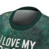 Green distressed grunge textures cover this all over print apparel, featuring bold white text that says I Love My.