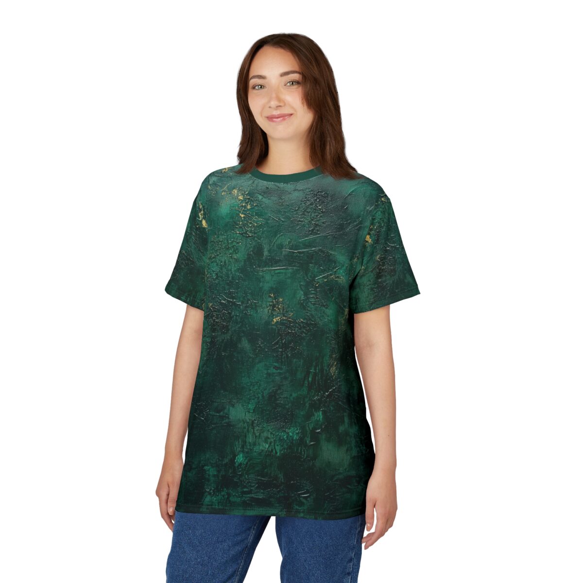 Green t-shirt with an abstract, textured print featuring gold accents.