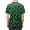 All over print t-shirt featuring a repeating pattern of green shamrocks on a dark green textured background.