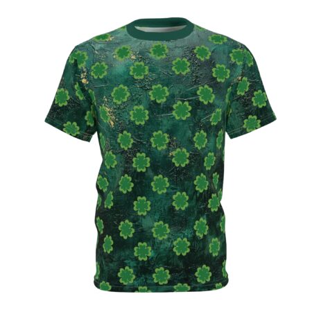 Green t-shirt, all over print, shamrock pattern, distressed background texture, seamless print