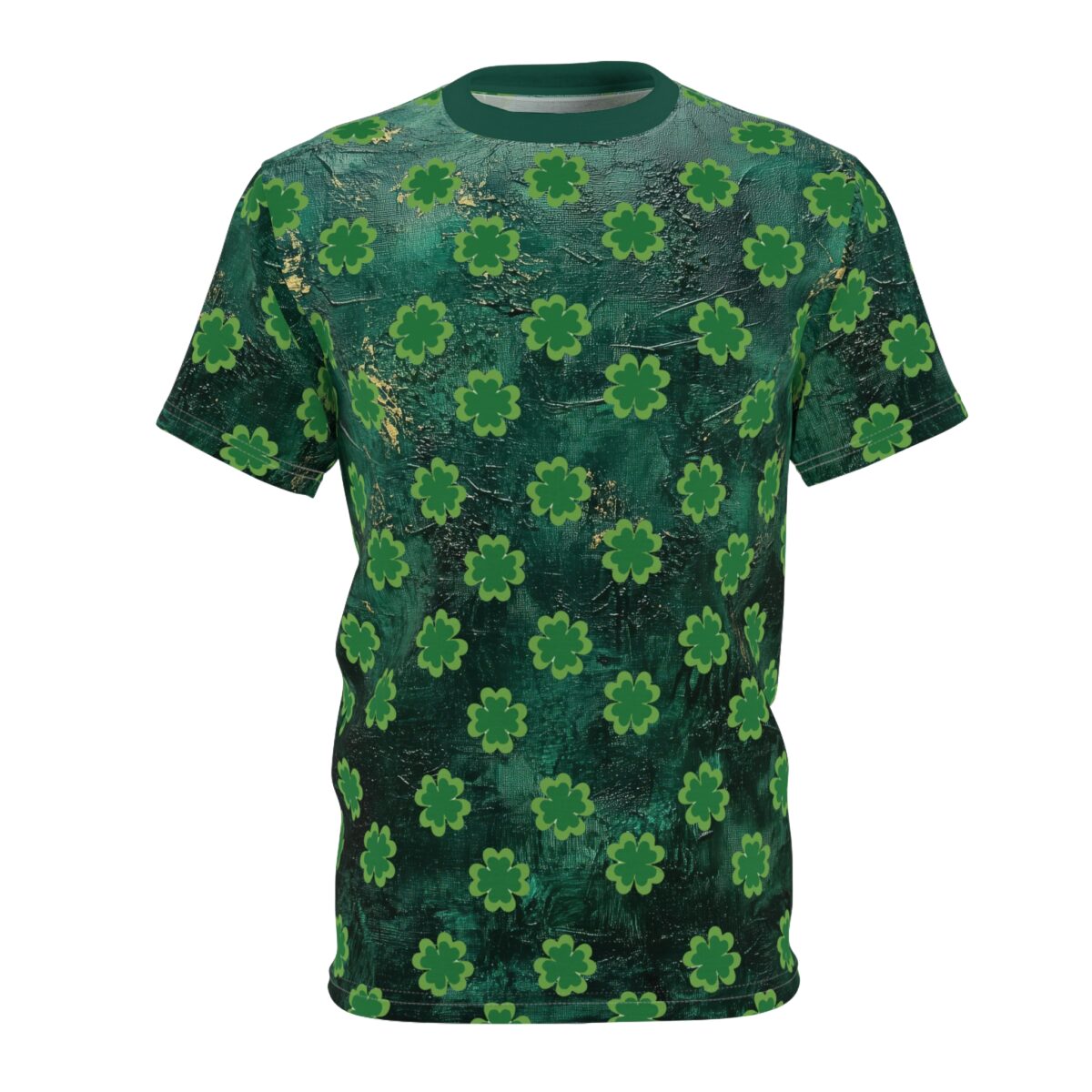 Green t-shirt, all over print, shamrock pattern, distressed background texture, seamless print