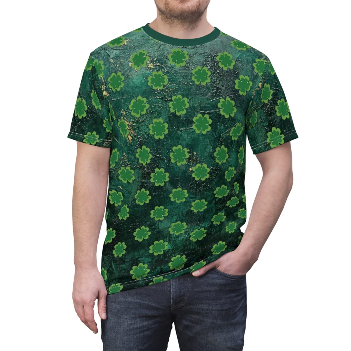 A dark green t-shirt is adorned with a repeating pattern of bright green shamrocks. The fabric has a textured appearance with subtle gold accents.