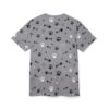 Black and white paw prints and fish skeletons cover this grey all over print t-shirt, with scattered white dots.